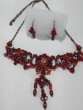 Vintage Unica Red Statement Necklace & Earring Set  16” Ornate Beaded